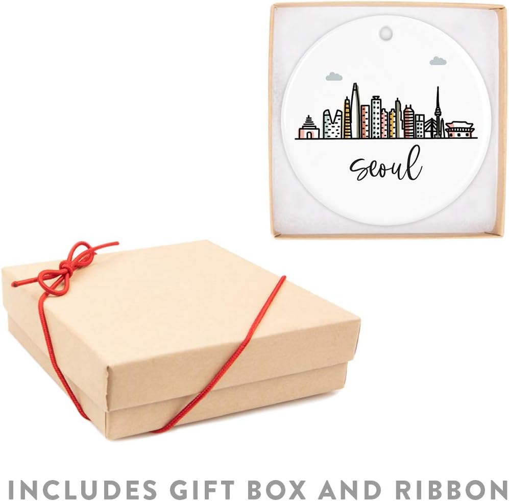 Andaz Press Round Ceramic Porcelain Christmas Tree Ornament Keepsake Gift, Seoul, Colorful International City Skyline Graphic, 1-Pack, Birthday Ideas Family Coworker Him Her, Gift Box