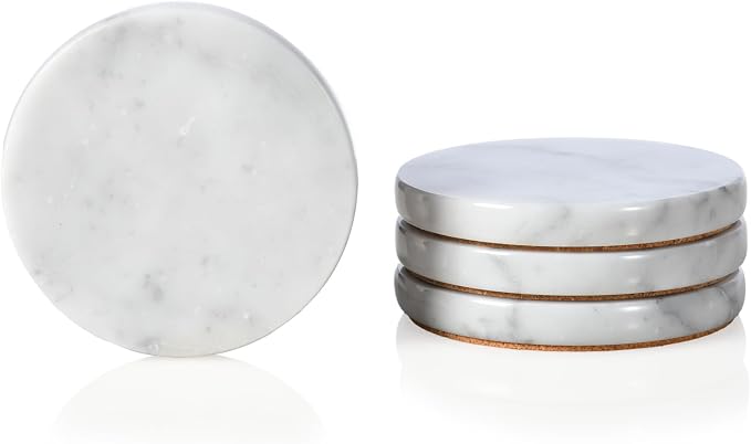 Real Natural Marble Coasters Set of 4, Carrara White Coaster 4 inch, Modern Round Stone, Trendy Drink Coasters for Coffee Table, Kitchen Decor, Office
