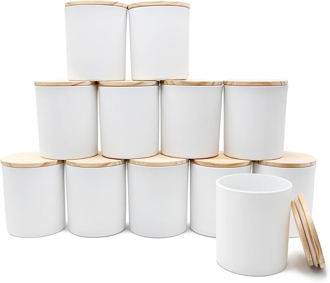 SHOWIN 14 OZ Thick Candle Jars for Making Candles 12 Pcs, 3 Wick Empty Jars with Wood Lids for Candle Making, Sample Container,Matte White