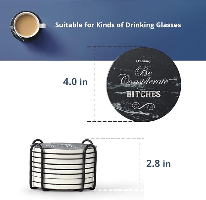 LIFVER White Elephant for Adults, Funny Coasters Set of 8 Black Marble Style Absorbent Drink Coasters with Cork Base, Ideal for Living Room Decor, Gag Gifts for Men