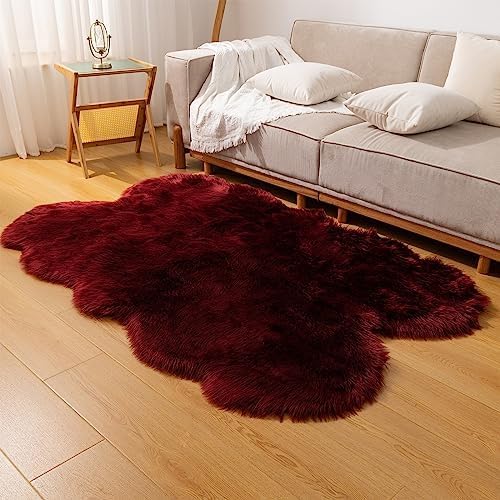 Faux Fur Rug Burgundy Sheepskin Area Rug,Ultra Soft Shaggy Plush Rug Bedroom Living Room Sofa Floor Kids Room Bedside（4 x 6 ft Sheepskin）