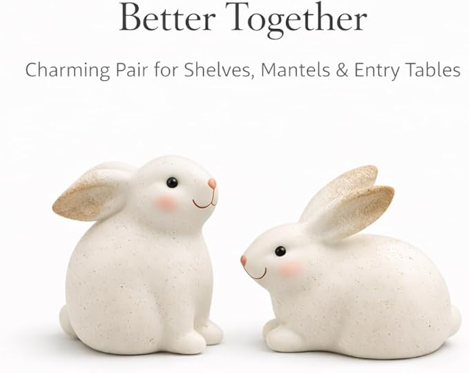 GoGnome Set of 2 Resin Easter Bunny Figurines – Speckled Ivory Rabbit Decor, Hand-Painted Spring Home Accents for Shelf, Mantel & Tabletop Easter Decoration Indoor (Off White)