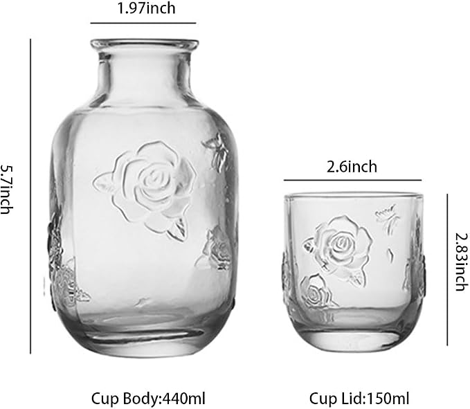 Bedside Water Carafe Set with Glass Cup, 15 oz Vintage Flower Glass Carafe for Bedroom Nightstand, Mouthwash Bottle for Bathroom, Decorative Water Pitcher for Guest Room (Clear)