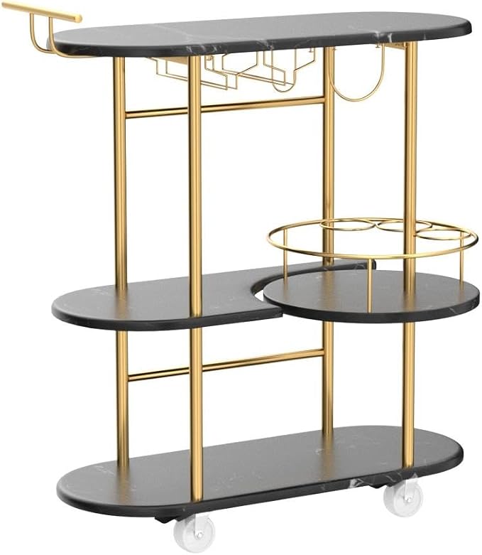Black Bar Carts with 4-Tier Storage Shelves, Mobile Bar Serving Cart with Wine Rack and Glass Holder, for The Home, Kitchen, Living Room, Dining Room