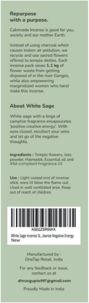 White Sage Incense Sticks for Cleansing - (80 Scented Sticks) Charcoal Free, Made from Upcycled Flowers | Protection Incense to Cleanse Negative Energy
