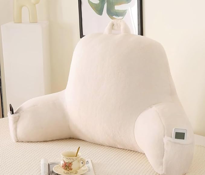 Soft Reading Pillow for Bed with Arms,Middle,White,Faux Fur | 17" Backrest for Gaming & Lounging,Oeko-TEX Certified Plush Back Pillow for Teens Room