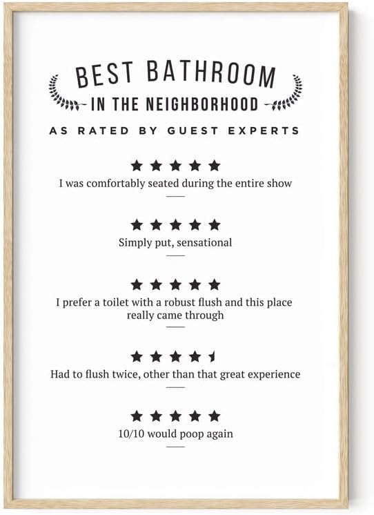 HAUS AND HUES Funny Bathroom Wall Art – Poop Review Sign, “Would Poop Here Again” Print, Humorous Toilet Sign for Bathroom or Guest Bath (24x36, Beige Frame)
