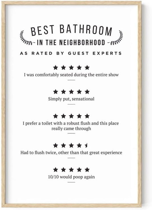 HAUS AND HUES Funny Bathroom Wall Art – Poop Review Sign, “Would Poop Here Again” Print, Humorous Toilet Sign for Bathroom or Guest Bath (24x36, Beige Frame)