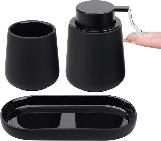 BosilunLife Ceramic Bathroom Accessories Set 3 Pcs, Liquid Soap Dispenser and Toothbrush Holder with Tray, Modern Farmhouse Vanity Decor, Black Housewarming Gift (Black-Liquid)