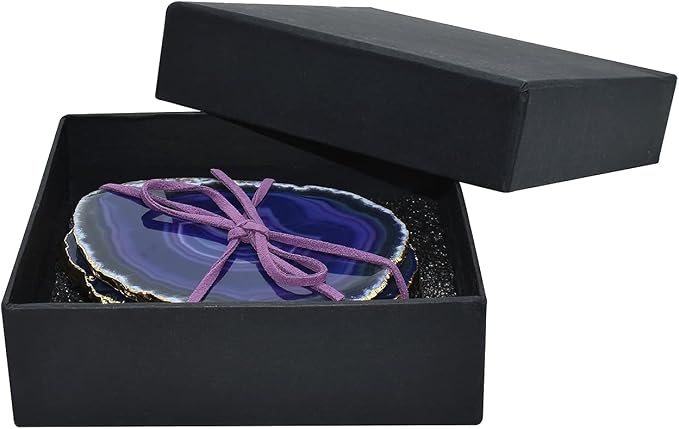 Nature's Decorations Purple Gold Rimmed Agate Stone Coasters - Set of 4, Polished Geode Drink Mats for Dining & Coffee Table & Kitchen Geode Decor Non-Toxic 3.5-4" Diameter