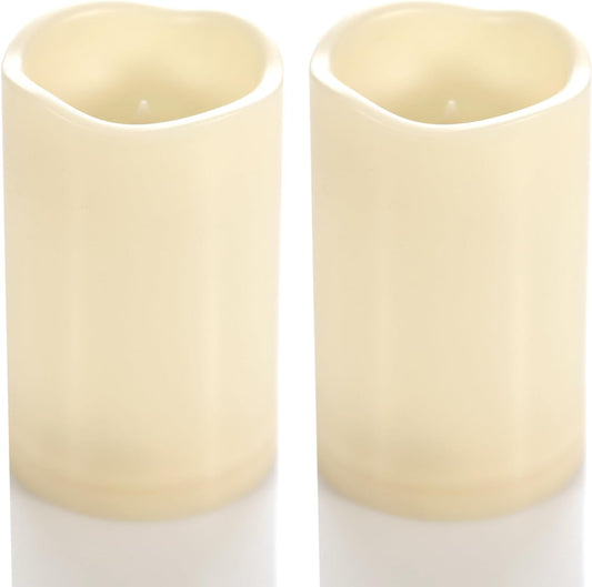 CANDLE CHOICE Waterproof Outdoor Battery Operated Flameless Candles with Timer Flickering Plastic Resin Electric LED Pillar Lights for Lantern Patio Garden Wedding Party Decorations 3x5 Inches 2 Pack