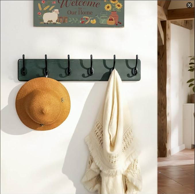 Dseap Coat Rack Wall: 24" Long, Patented, Heavy-Duty, 6-Double-Hooks Wooden Wall Mounted Coat Rack Coat Hanger Hook Rail for Winter Coats Hat Jacket Clothing, Weathered Green, Pack of 2