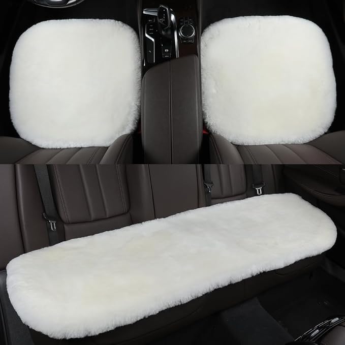 OGLAND Fuzzy Genuine Sheepskin Car Rear Seat Cover for Kids Dogs Pets Auto Bench Back Cushion Interior Accessories with Soft Fluffy Wool Natural Fur, White