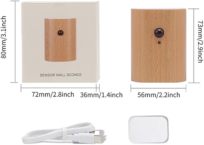 LANDGOO 1-Pack Wood Step Light with Motion Sensor, Rechargeable Stair Night Light, Beech Wood 2700K Warm White LED Wall Lamp, Easy No-Wire Installation for Hallway Bedroom