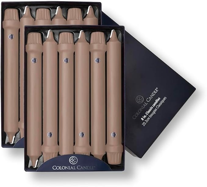Colonial Candle Unscented Taper Candle, Classic Collection, Mocha, 8 in, Pack of 12 - Up to 6 Hours Burn