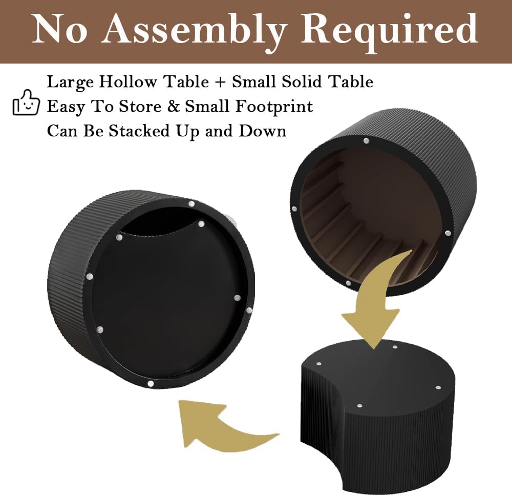 Round Nesting Coffee Table Black Round Fluted Coffee Table Set of 2 for Living Room Small Circle Drum Coffee Tables Crescent End Table (Black B 27in)