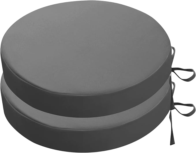 SK Studio Round Outdoor Chair Cushions for Patio Furniture, Set of 2 Waterproof Patio Chair Cushion with Adjustable Ties for Garden Sofa Couch, Grey, 17"x17"x3"