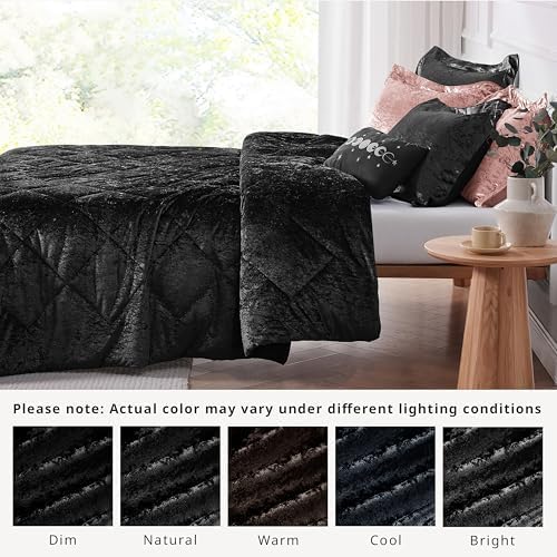 Intelligent Design Queen Duvet Cover Set, Velvet Queen Duvet Set, Luxury Diamond Quilting Black Duvet Cover, Fluffy Duvet Cover with Decorative Pillow and 2 Shams, 4 Pieces, Black, Full/Queen