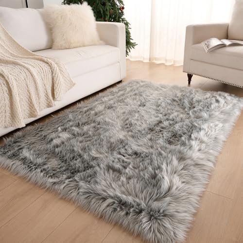 Faux Fur Rug Grey Sheepskin Area Rug,Ultra Soft 4x6 ft Rectangular Shaggy Plush Rug for Bedroom Sofa Floor Bedside Living Room Kids Room
