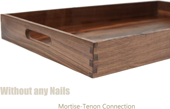 22 x 14 Inches Large Rectangle Black Walnut Wood Ottoman Tray with Handles, Serve Tea, Coffee, Classic Wooden Decorative Serving Tray