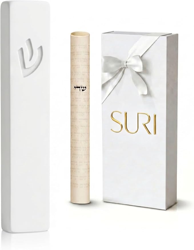SURI Mezuzah for Door – 7 Inch White Concrete Mezuzah Case with Non Kosher Scroll, Self-Stick Jewish Entry Design, Fits a 6 Inch Scroll, Gift Box Included