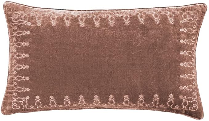 HiEnd Accents Stella Faux Silk Velvet Embroidered Lumbar Pillow, 14x24 inch, Dusty Rose, Romantic Western Modern Traditional Style Luxury Bedding, Decorative Throw Pillow