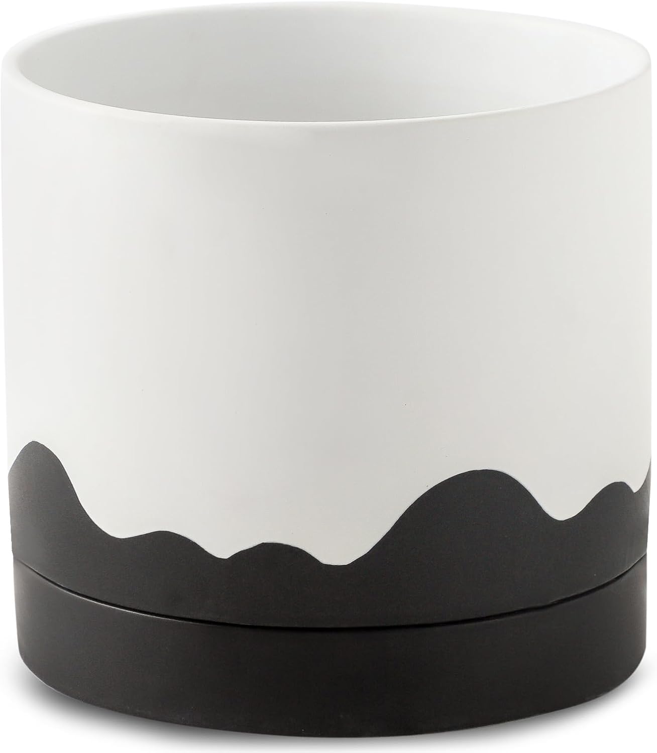 Nihow Ceramic Plant Pot: 8 Inch Planter with Drainage Hole & Saucer for Indoor & Outdoor Plants - Cylinder Round Flower Pot for Succulent/Herbs/Violets - White & Wave Black