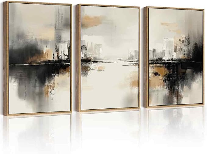 PHOPAGO Black Gray Abstract Landscape Framed Wall Art Large 16x24in Brown Tan Neutral Wall Decor Minimalist Modern Illustrations Prints Bedroom Home Decor - Natural Framed