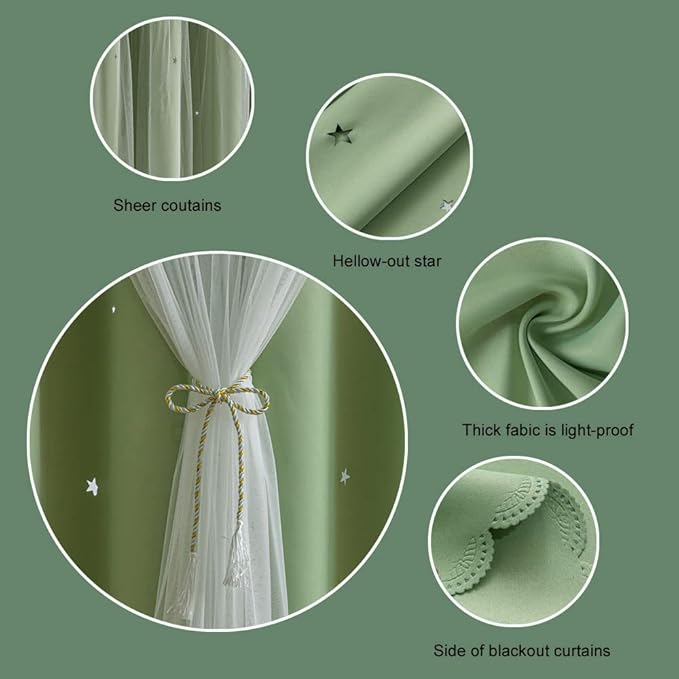 FANLI 2 Panels Star Blackout Curtains for Kid Girls Bedroom Living Room Darking Stripe Double Layer Star Cut Out Wall Home Decor Gradient Grommet Window Curtains (Green 72L)