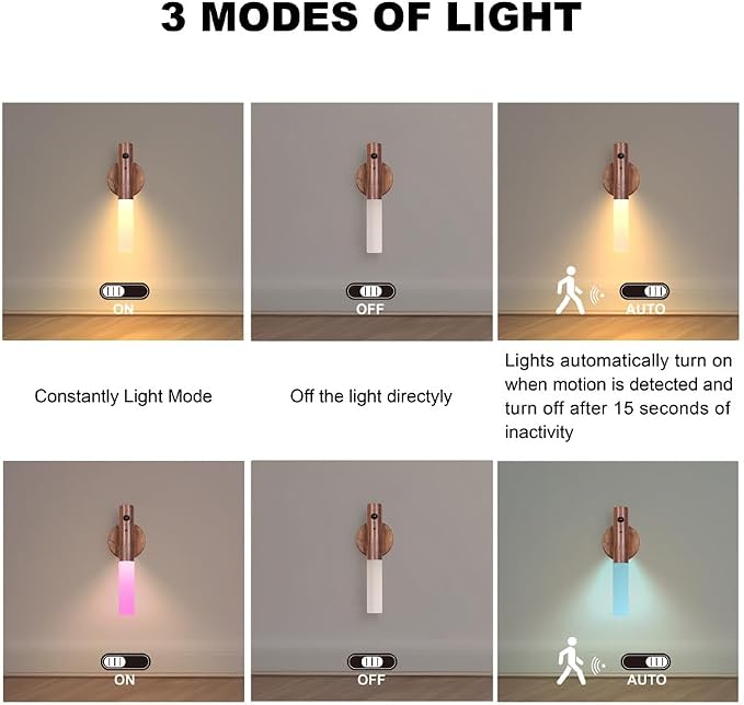 LANDGOO Wooden Motion Sensor RGB Night Lights Indoor, Magnet Body Hallway Rechargeable LED Wireless Battery Operated Wall Sconce (1, RGB Walnut Wood)
