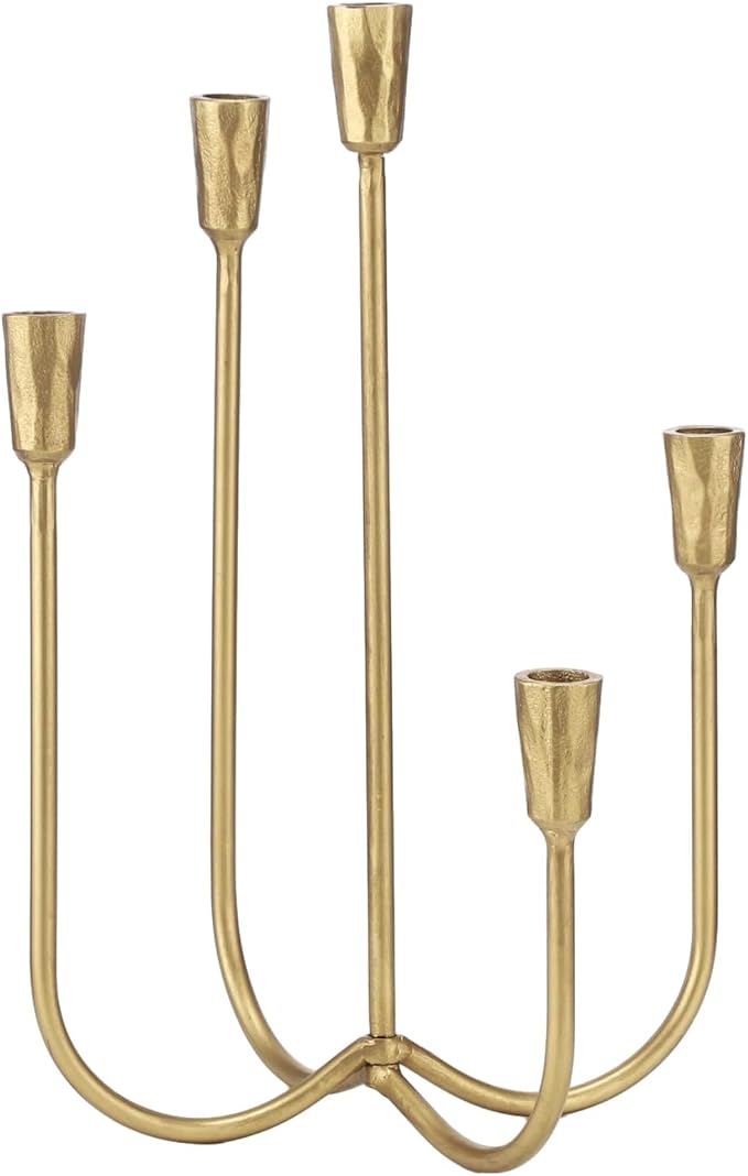 Elegant Gold 5-Candle Candelabra, 16.93 Inch Tall Cast Iron, American Vintage Taper Candle Holder with Antique Finish, Perfect Centerpiece for Dining, Living Room & Fireplace Decor
