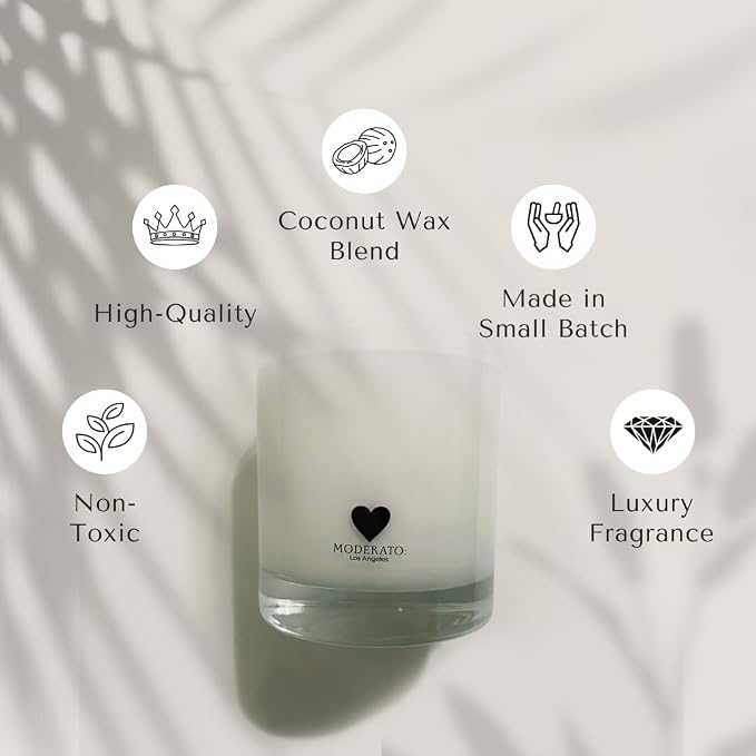 MODERATO Los Angeles No.06 Musique – Luxury Jasmine Gardenia Scented Coconut Wax Candle, Citrus & Wood, Bergamot, Sandalwood, Cedar, Crystal Clear Glass Vessel, 50 Hour Burn, Gift, Made in USA 8.5oz