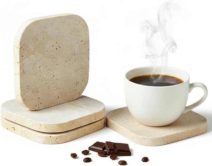 Natural Travertine Marble Coasters Set of 4-4" Square Stone Drink Coasters, Non-Slip Cork Backing, Housewarming Gift, Wedding, Protect Tables from Stains & Scratches (Rounded Square)