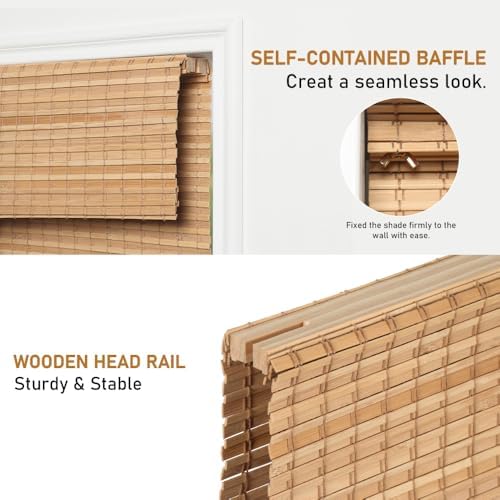 SEEYE Cordless Bamboo Roman Shades, Blackout Natural Bamboo Blinds for Indoor Windows, Roll Up Blind Privacy Shade for Home, Office, Door, UV Resistant & Easy to Install, 37" W x 64" H, Carbonized