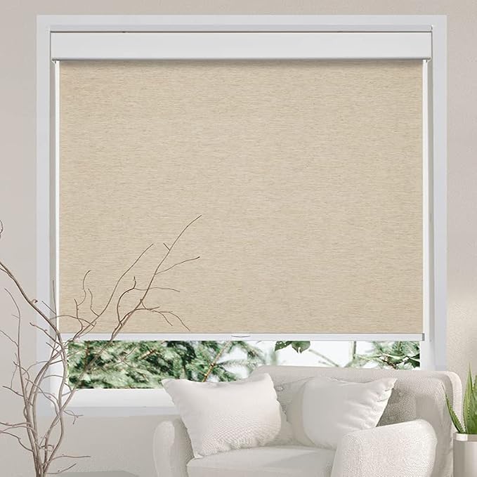 Persilux Free-Stop Cordless Light Filtering Roller Shades for Windows (Khaki 27" x 72") Natural Woven Fabric UV Protection Privacy Roller Blinds for Windows Blinds for Doors, Home, Office, Kitchen