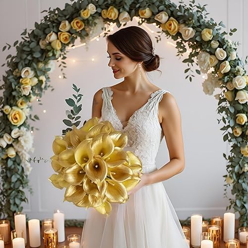 Floral Kingdom 20 Pack 14" Calla Lily Artificial Flowers, Real Touch 18k Gold Colored Faux Flowers for Home Decor, Table Centerpieces, Living Room & Weddings