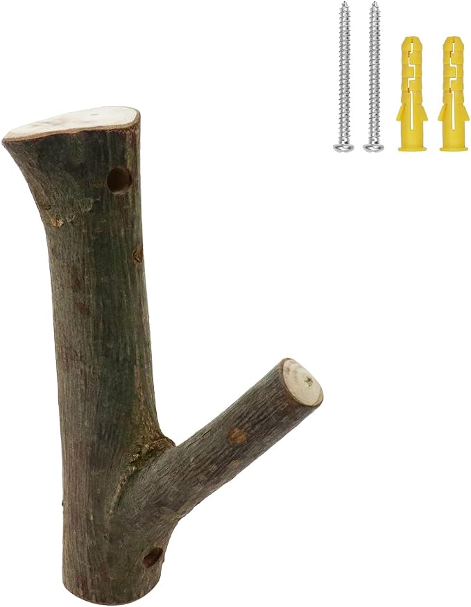 2Pcs Real Wood Tree Branch Wall Hook, Farmhouse Rustic Decorative Wooden with Bark Trunk Thickness 2cm-3cm with Screw