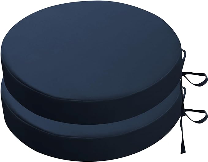 SK Studio Round Outdoor Chair Cushions for Patio Furniture, Set of 2 Waterproof Patio Chair Cushion with Adjustable Ties for Garden Sofa Couch, Navy Blue, 16"x16"x2"