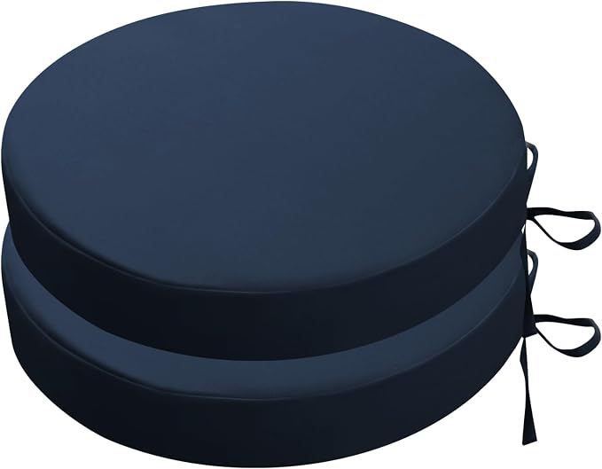 SK Studio Round Outdoor Chair Cushions for Patio Furniture, Set of 2 Waterproof Patio Chair Cushion with Adjustable Ties for Garden Sofa Couch, Navy Blue, 20"x20"x2"