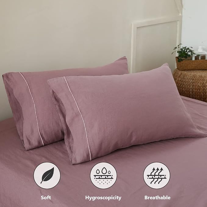 Simple&Opulence 100% French Linen Pillowcase Queen Size-Set of 2- Washed Solid Color Pillow Cases Embroidered -Soft and Durable (Purple, 20''x30'')