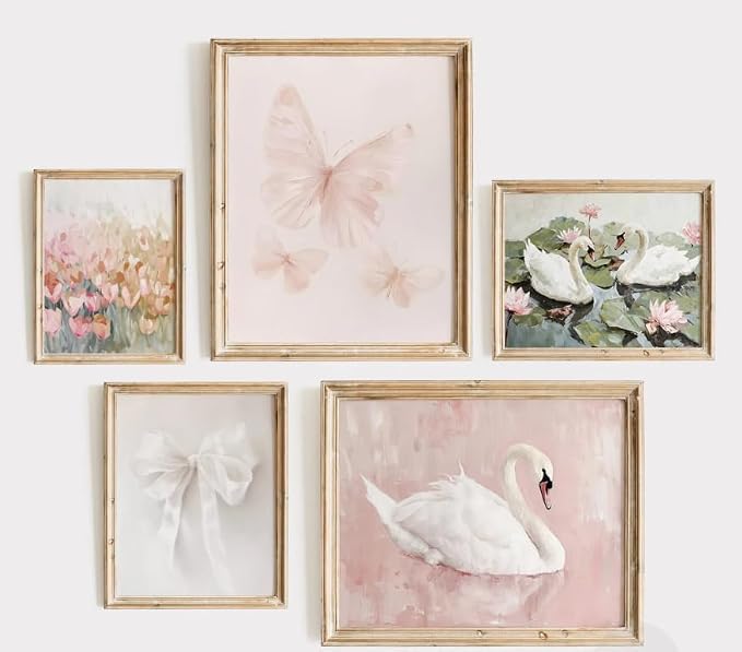 Coquette Pink Wall Art Decor Aesthetic Swan Posters Bow Flower Canvas Wall Art Preppy Cute Pictures Trendy Butterfly Posters Coquette Aesthetic Prints for Girl Dorm Room Bedroom 12x16x5 Inch Unframed