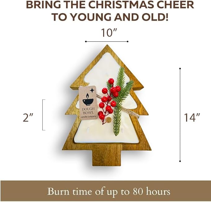 Dough Bowl Candle Co. Christmas Tree Shaped Candle - 14x10x2 6 Wick Brown Large Wooden Bowls for Decor, Mistletoe, Pine, Fir, Cedarwood Scented Decorative Wood Bread Bowl, Rustic Vegan Holiday Gift