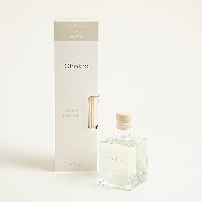 Chakra Reed Diffuser Set - Reed Diffusers for Home, Office and Living Spaces with Long-Lasting Fragrance, Scent Diffuser with Decorative Glass Bottle & Bamboo Sticks, 3.3 fl oz, Soft Linen