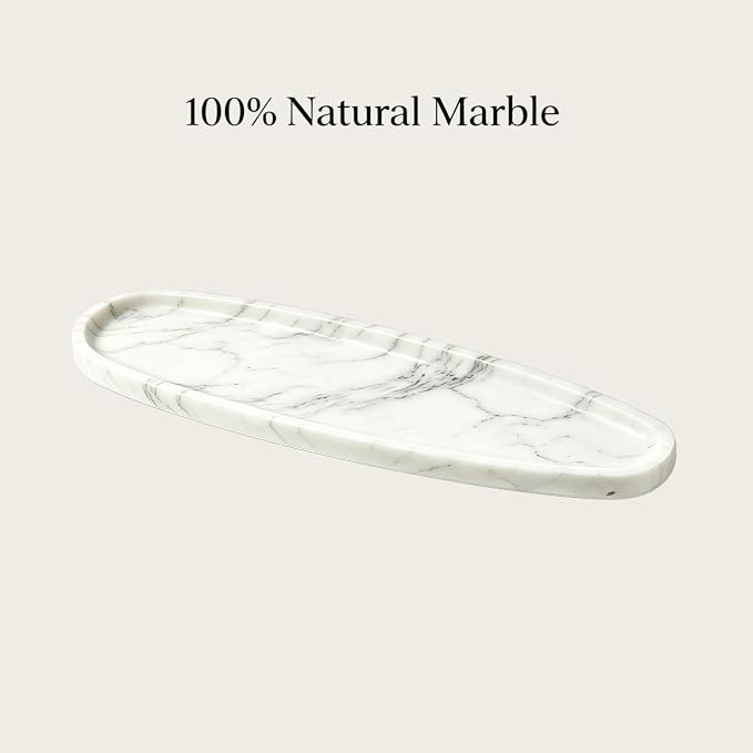 Natural Marble Vanity Tray, 16.6"x4.6" White Real Stone Decorative Tray for Bathroom Countertop & Home Decor, Catchall Organizer for Jewelry, Candles, Cosmetics & Perfume（White）