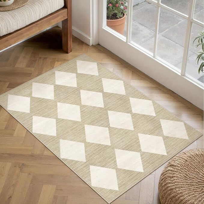 PureCozy Machine Washable Beige 2x3 Area Rugs for Entryway Modern Soft Checkered Indoor Door Mats Non-Slip Stain Resistant Low Pile Accent Small Rug for Bedroom Kitchen Laundry Entrance
