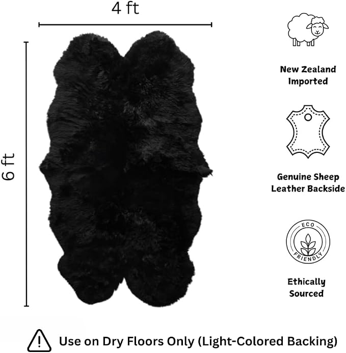 Woolous Sheepskin Rug 4x6 – Genuine New Zealand Large Quad Real Natural Lambskin Area Rug Carpet for Bedroom, Living Room, and Nursery Décor（Black,Quad pelt 4x6） | Genuine 4 pelt lambskin rug, real natural Quad Sheepskin fur carpet for bedroom, living ...