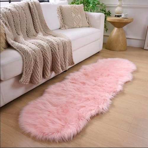 Faux Fur Sheepskin Runner Rug Pink 2x6 ft Ultra Soft Shaggy Plush Fluffy Fuzzy Area Carpet Decorative Chair Cover Floor Mat for Bedroom Sofa Living Room Bedside