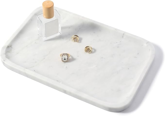 Koville Marble Tray, 12"x8" Bianco Carrara Marble Vanity Tray for Countertop Bathroom Kitchen Dresser, Decorative Catchall Trays for Perfume Jewelry, Rectangular Stone Serving Tray