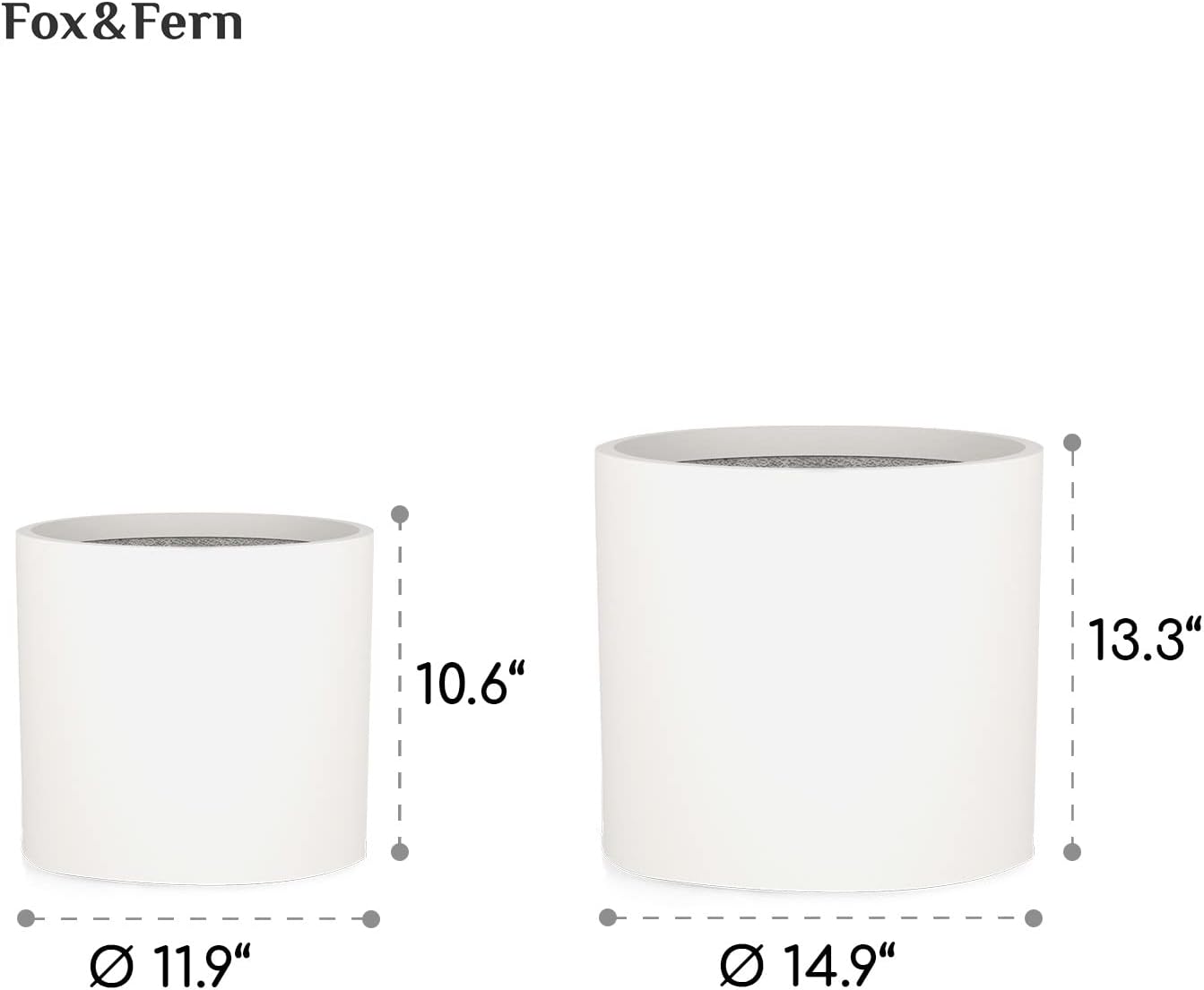 Fox & Fern 12" & 14.6" Large Planters (Set of 2) — Premium Lightweight Fiberstone Matte White Plant Pots with Drainage Plug; Extra Large Planters for Indoor & Outdoor; Weather Resistant & UV Resistant