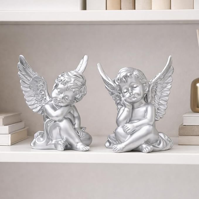 OwMell Set of 2 Cherubs Angels Resin Statue Figurine, Indoor Home Decoration, Adorable Angel Sculpture Memorial Statue 4" - Silver